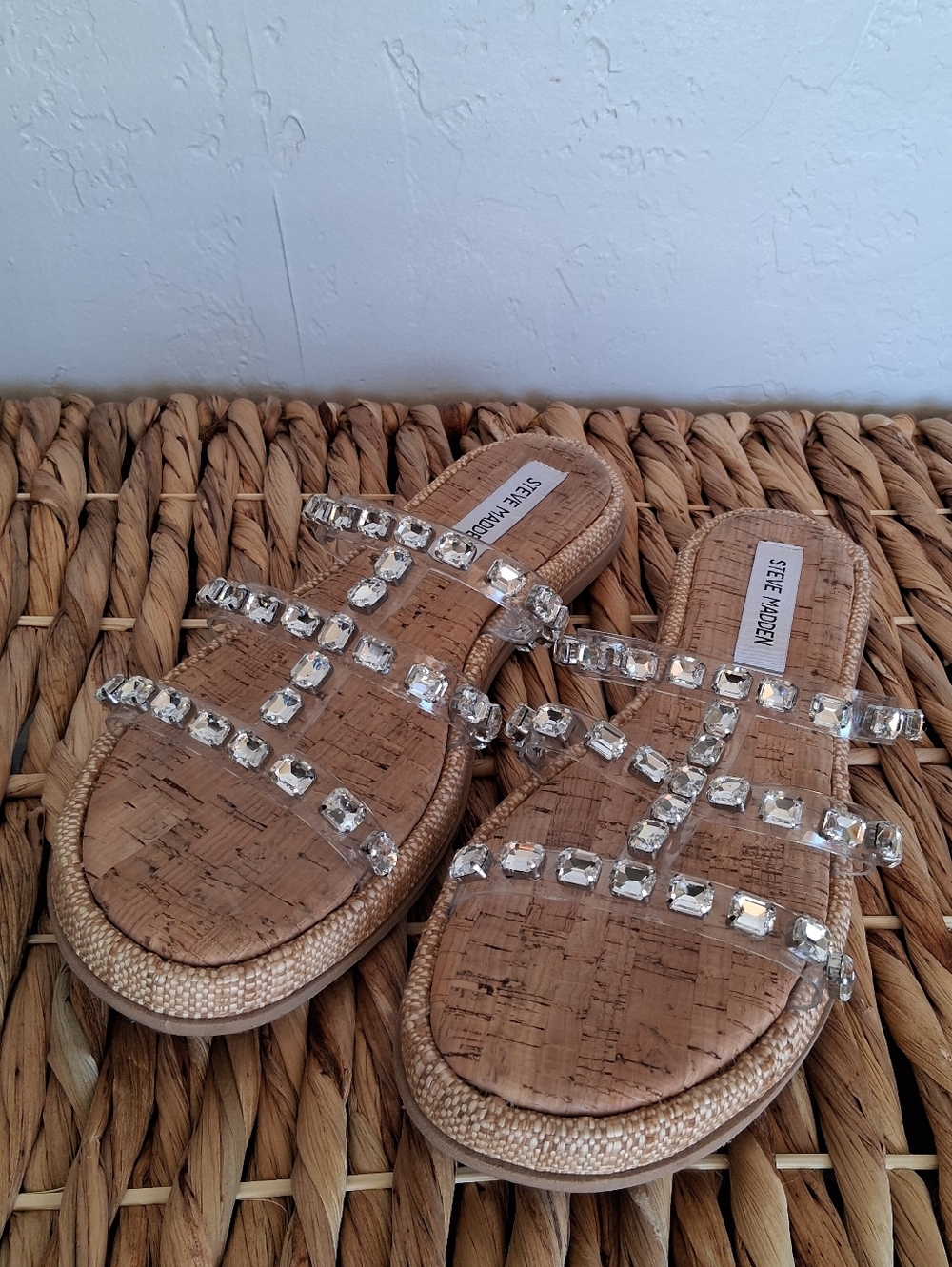 Steve Madden Sz 8 Cork Slide Sandals with Clear Jeweled Straps